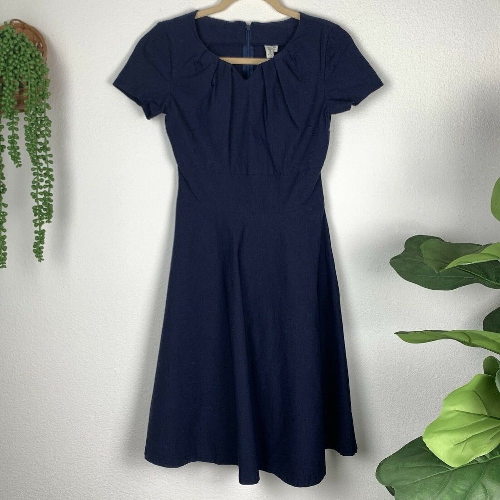 MissMNY Women's M Navy Dark Blue Pinup Retro Midi A Line Dress Rockabilly